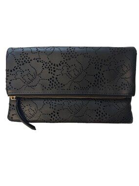 Black Faux Leather Foldover Clutch Purse With Laser-Cut Detail & Gold Chain Stra